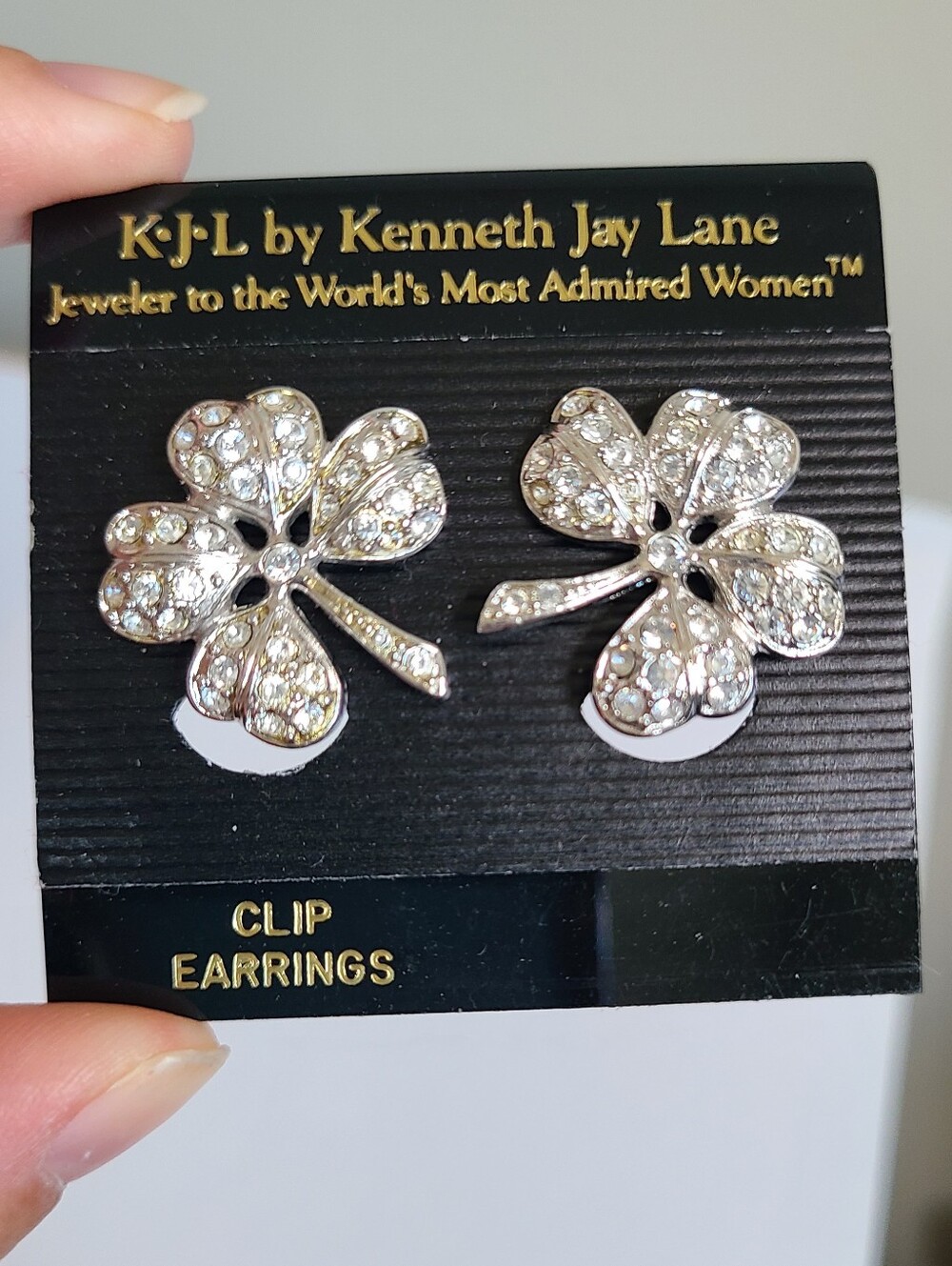 Vintage Kenneth Jay Lane KJL Crystal Rhinestone Clover Flower Clip On Earrings